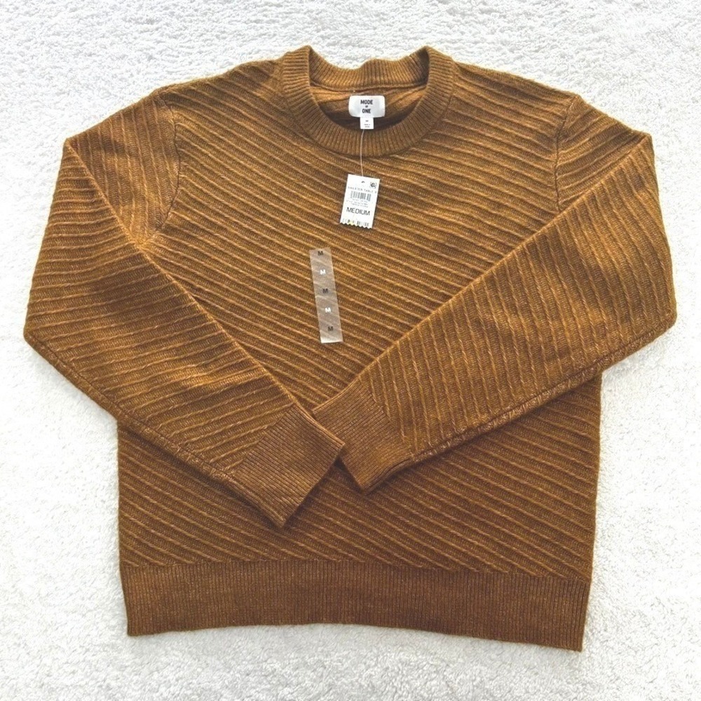 Mode of One Mens Diagonal Ribbed Crewneck Sweater Mustard Brown Medium NWT